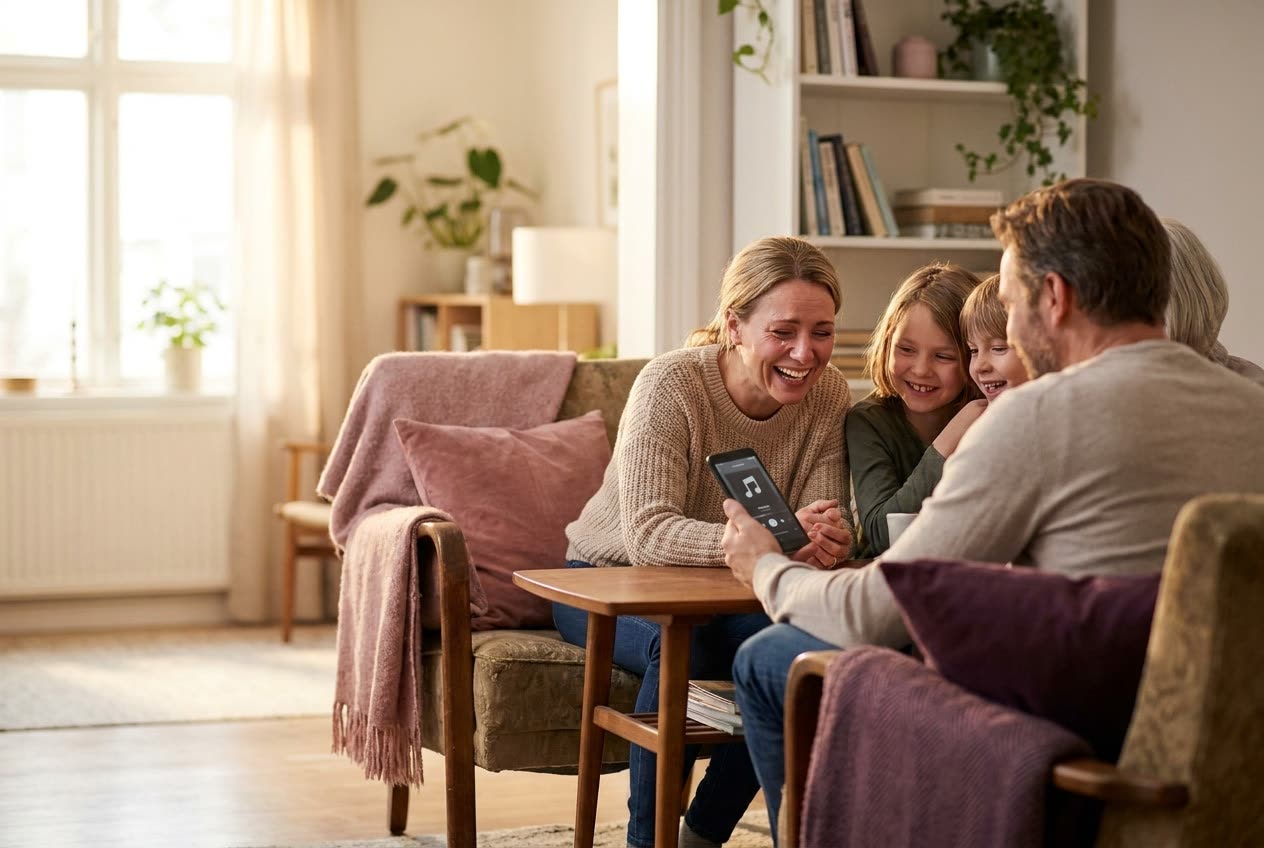 A family playing a song from a smartphone for their wife during a just because celebration, everyone listening with delighted smiles