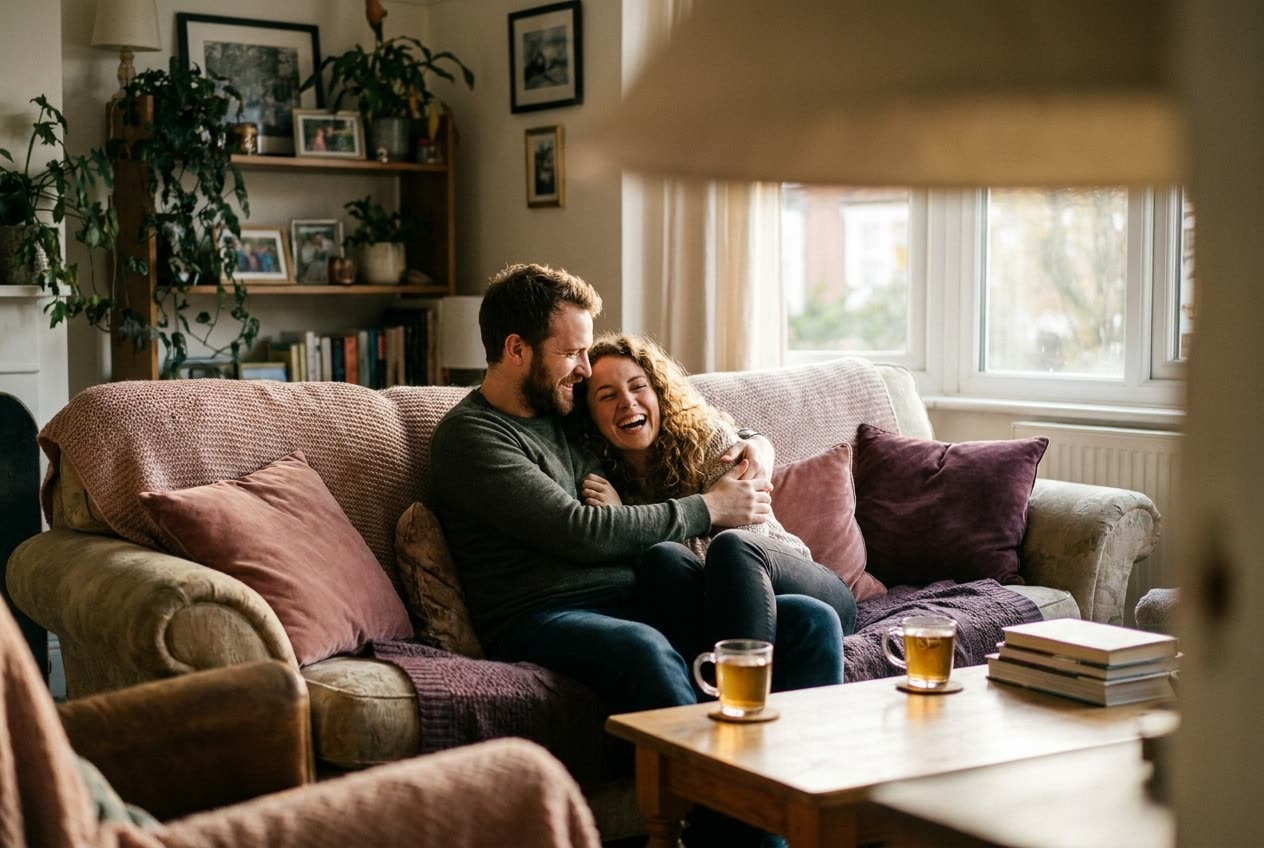 A person and their wife sharing a joyful just because moment at home