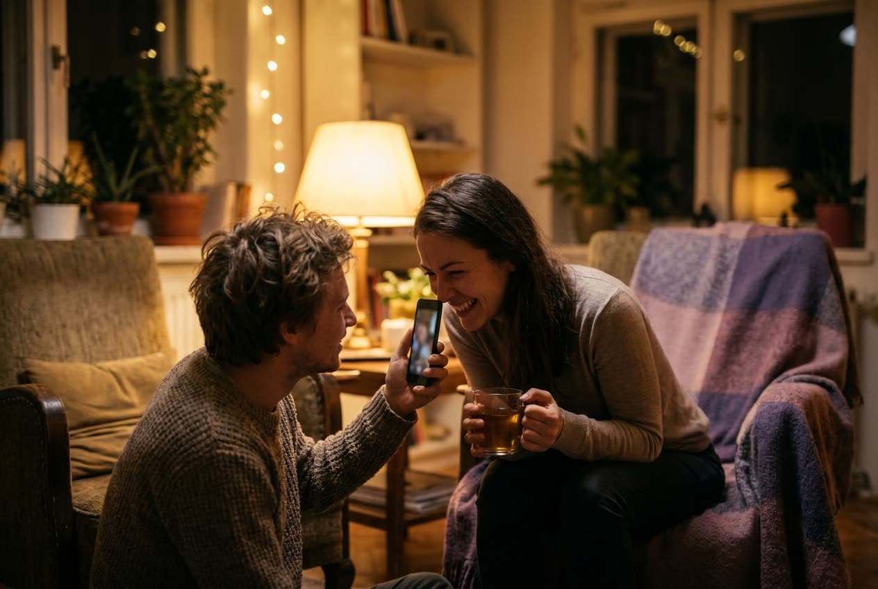 A person playing a song from a smartphone for their boyfriend, both smiling, an ordinary evening made special