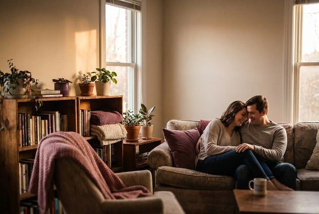 A couple sharing a warm everyday moment at home, spontaneous tenderness, no special occasion