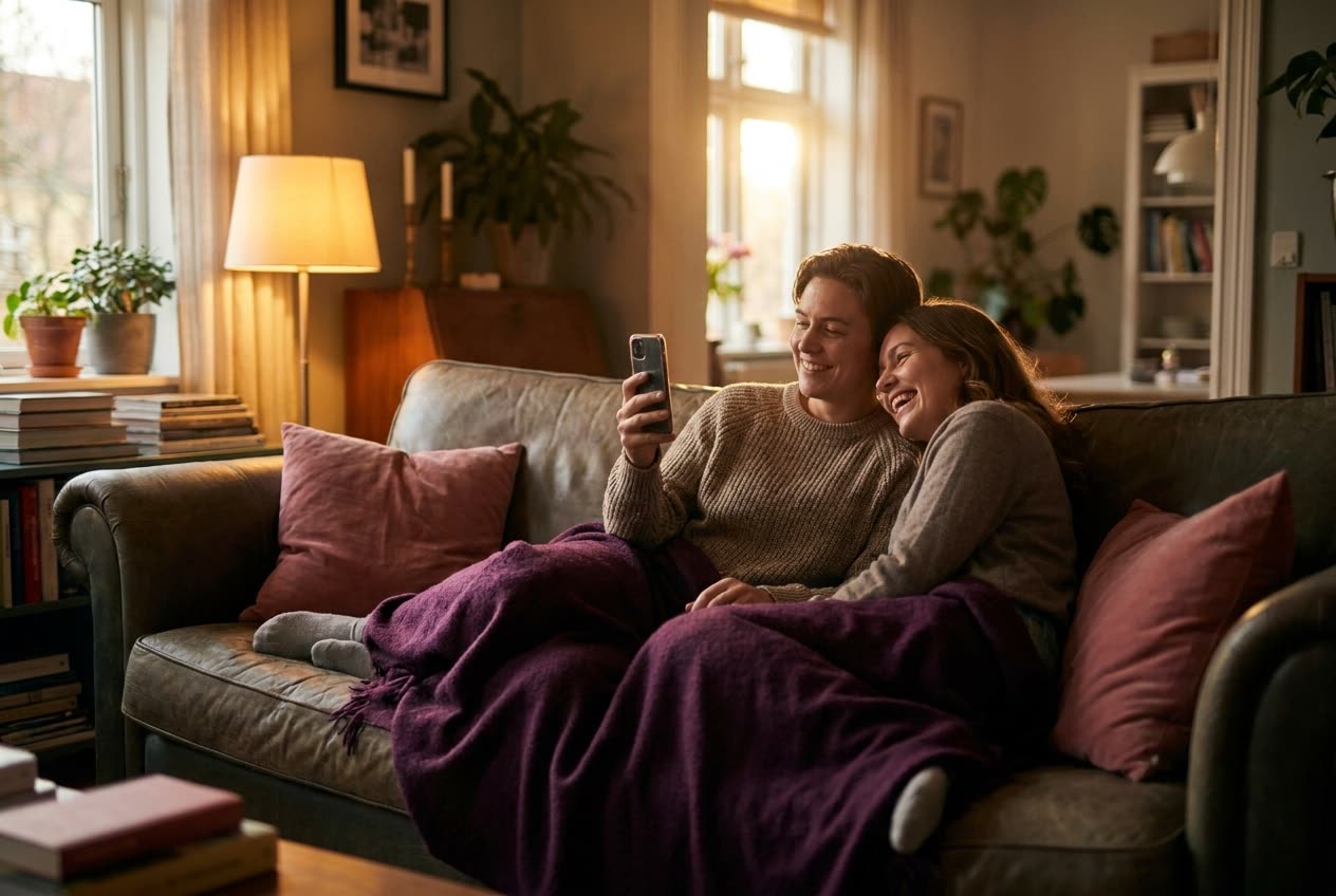 A person playing a song from a smartphone for their fiancée, both smiling, an ordinary evening made special