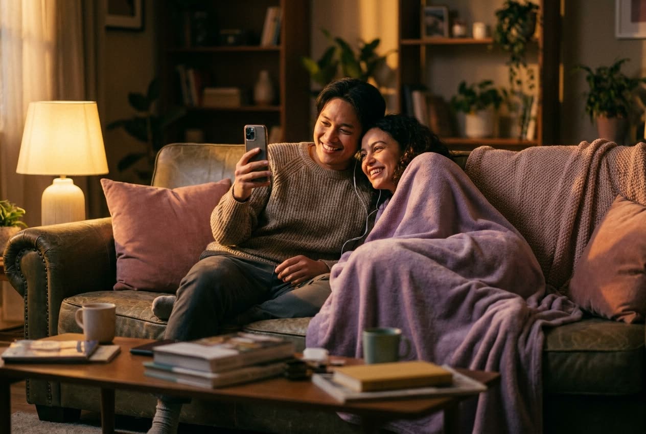A person playing a song from a smartphone for their girlfriend, both smiling, an ordinary evening made special