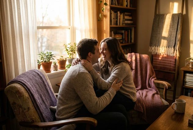 A couple sharing a warm everyday moment at home, spontaneous tenderness, no special occasion