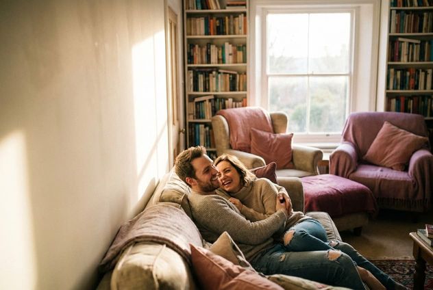 A couple sharing a warm everyday moment at home, spontaneous tenderness, no special occasion