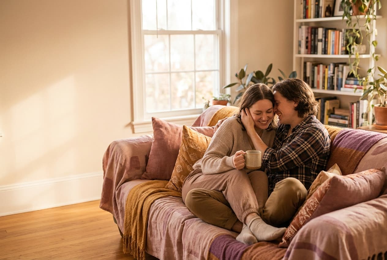 A couple sharing a warm everyday moment at home, spontaneous tenderness, no special occasion