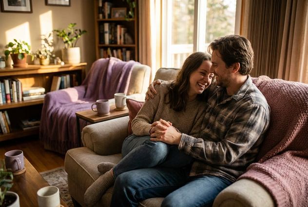 A couple sharing a warm everyday moment at home, spontaneous tenderness, no special occasion