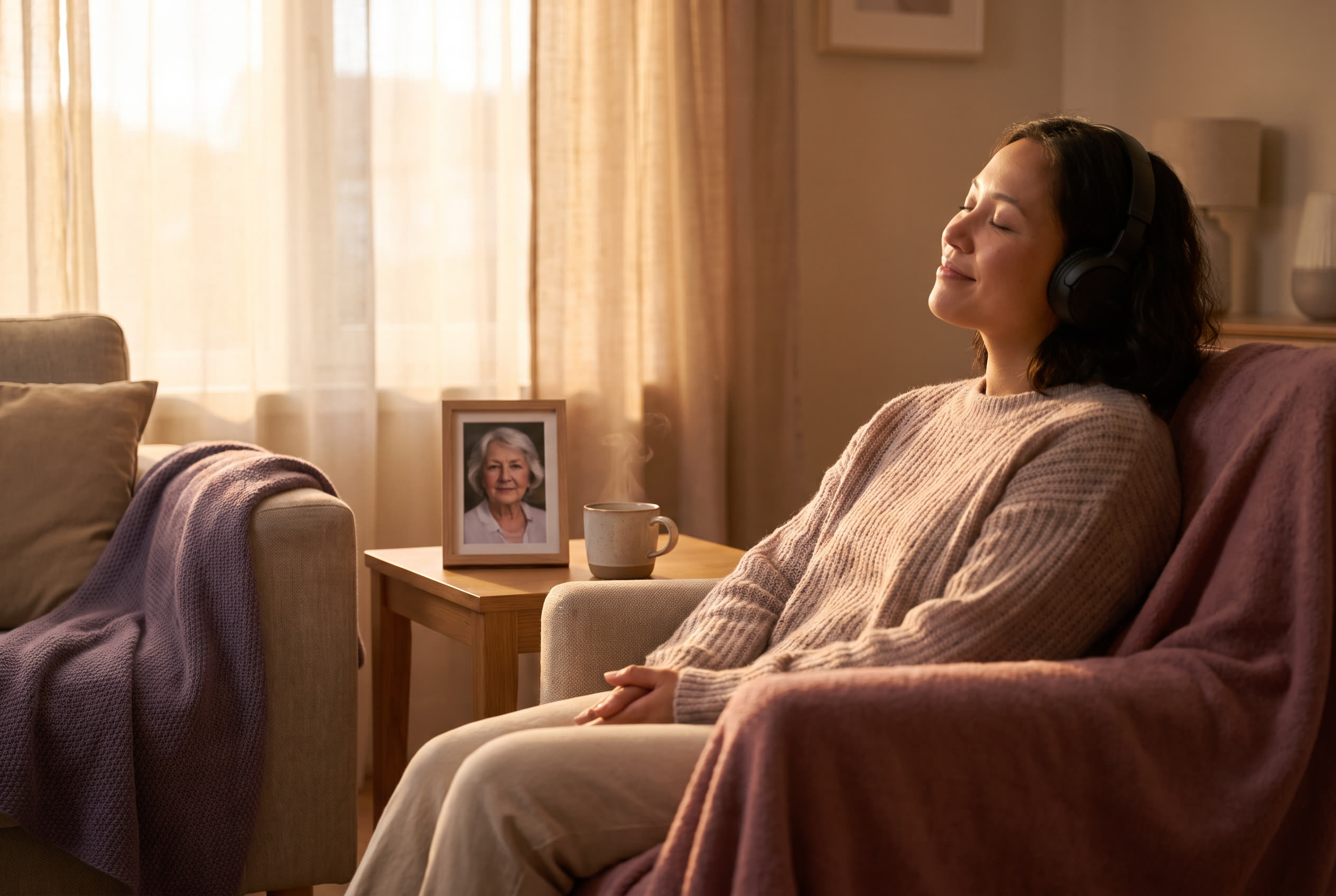 A person listening to a gentle song on headphones, eyes closed, a framed photo of their mom on the table beside them, calm remembrance