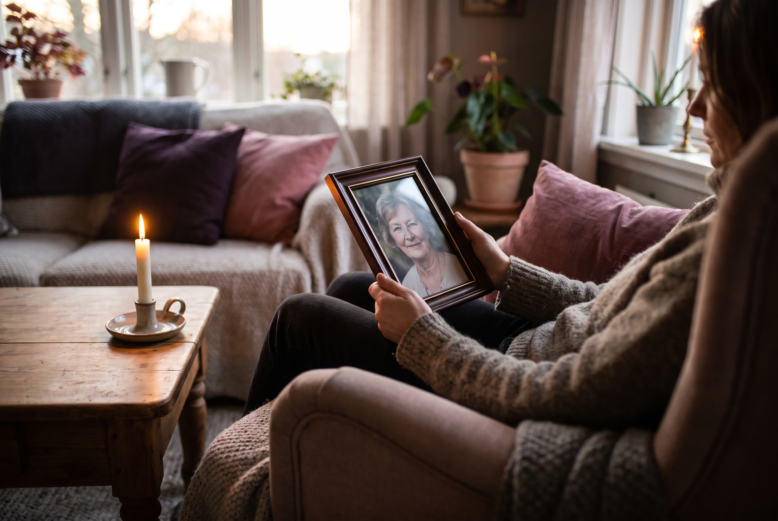 A person sitting quietly with a framed photo of their mom, a lit candle and soft warm evening light, tender and peaceful