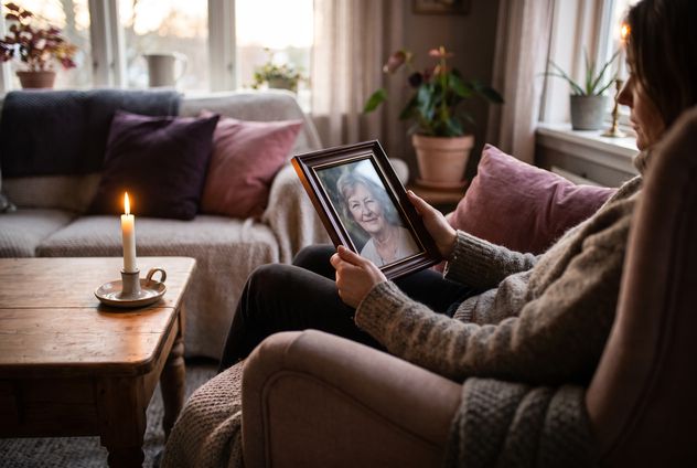 A person sitting quietly with a framed photo of their mom, a lit candle and soft warm evening light, tender and peaceful