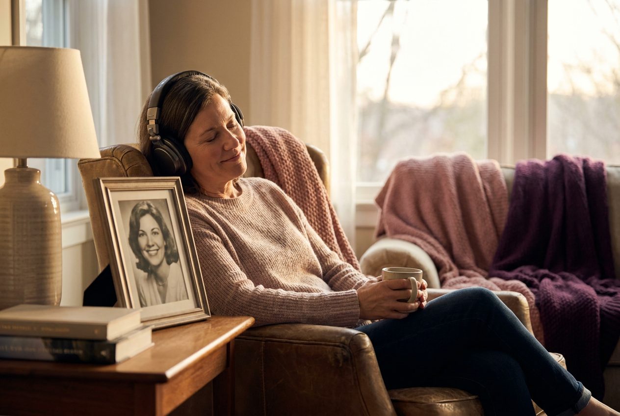 A person listening to a gentle song on headphones, eyes closed, a framed photo of their wife on the table beside them, calm remembrance