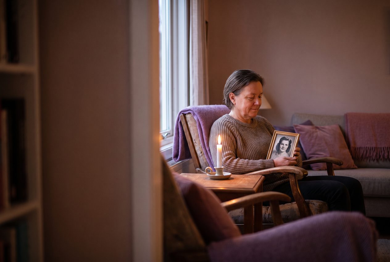 A person sitting quietly with a framed photo of their wife, a lit candle and soft warm evening light, tender and peaceful