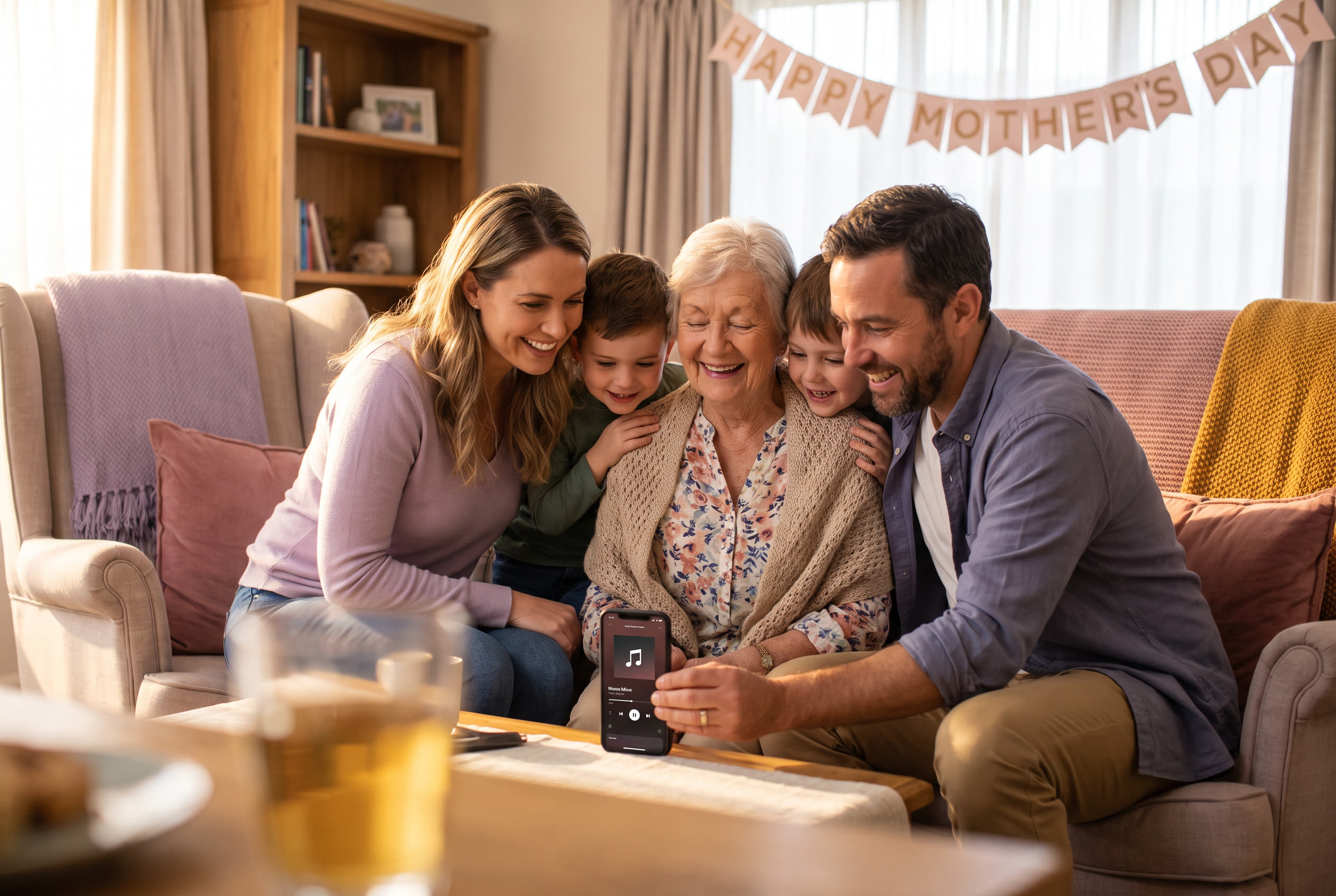 A family playing a song from a smartphone for their grandma during a mother's day celebration, everyone listening with delighted smiles