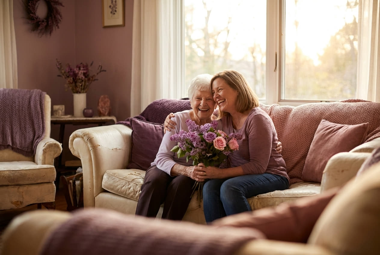 A person and their grandma sharing a joyful mother's day moment at home