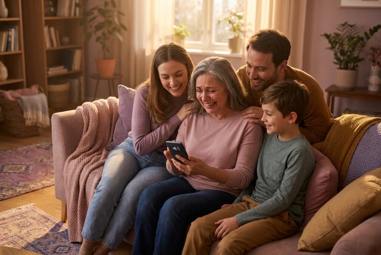 A family playing a song from a smartphone for their mom during a mother's day celebration, everyone listening with delighted smiles