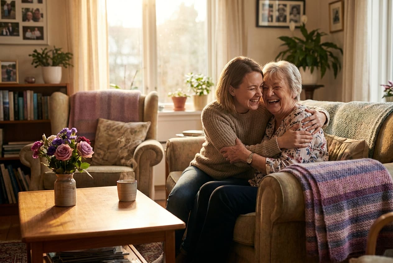 A person and their mom sharing a joyful mother's day moment at home
