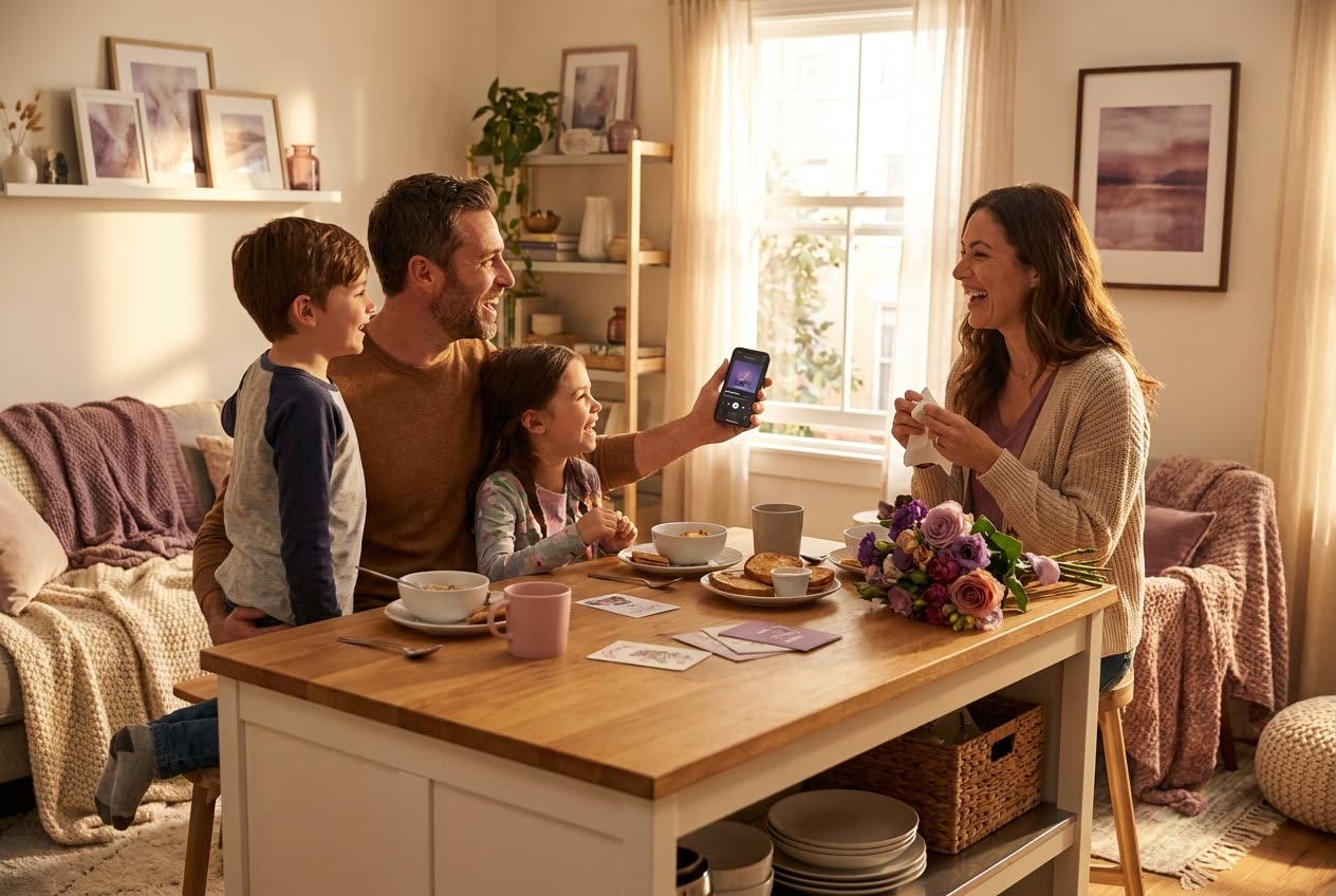 A family playing a song from a smartphone for their wife during a mother's day celebration, everyone listening with delighted smiles