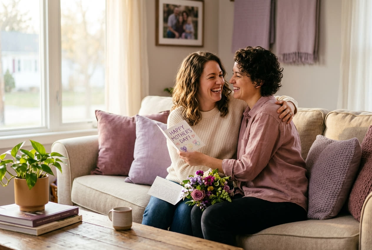 A person and their wife sharing a joyful mother's day moment at home