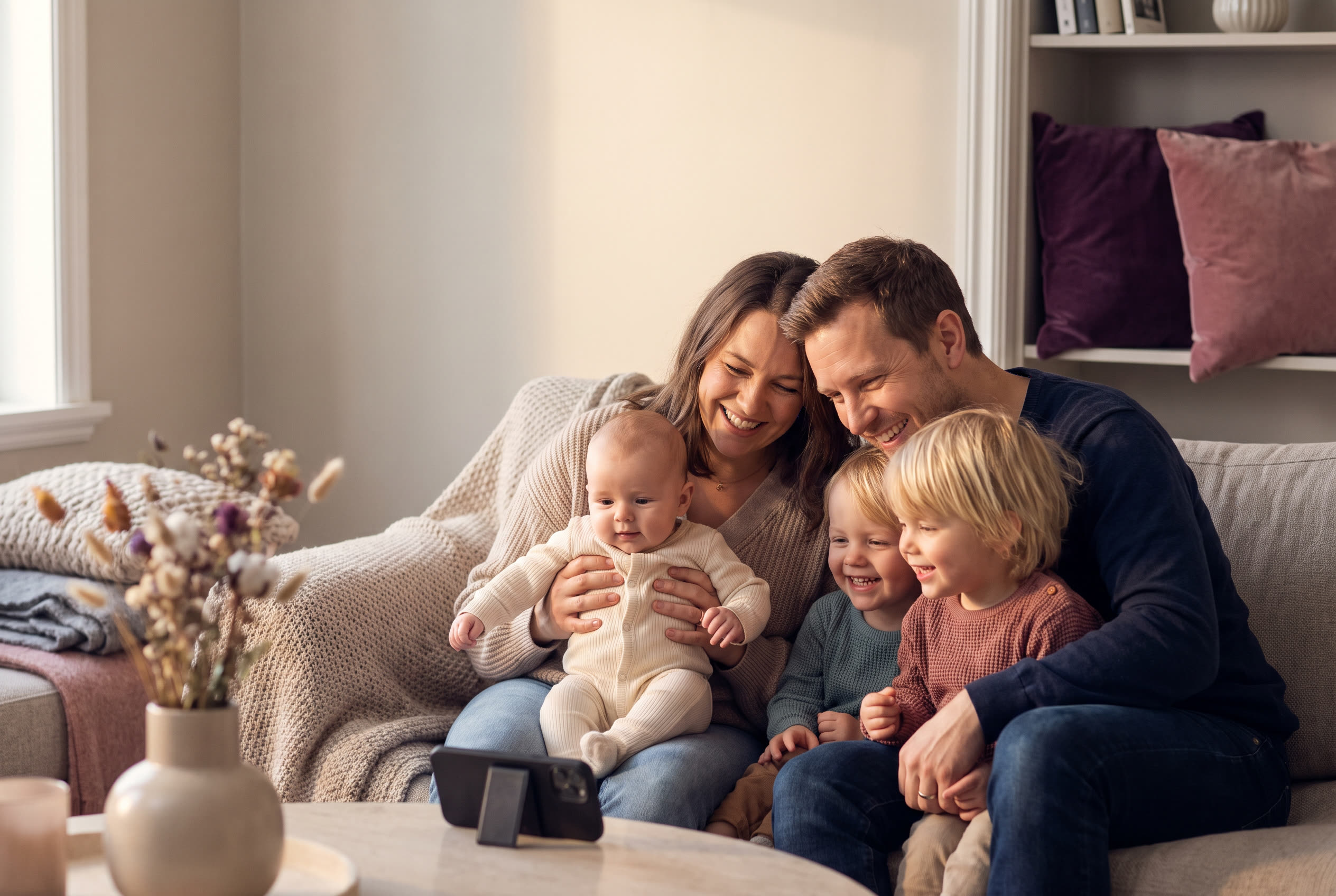 A family playing a song from a smartphone for their daughter during a new baby celebration, everyone listening with delighted smiles