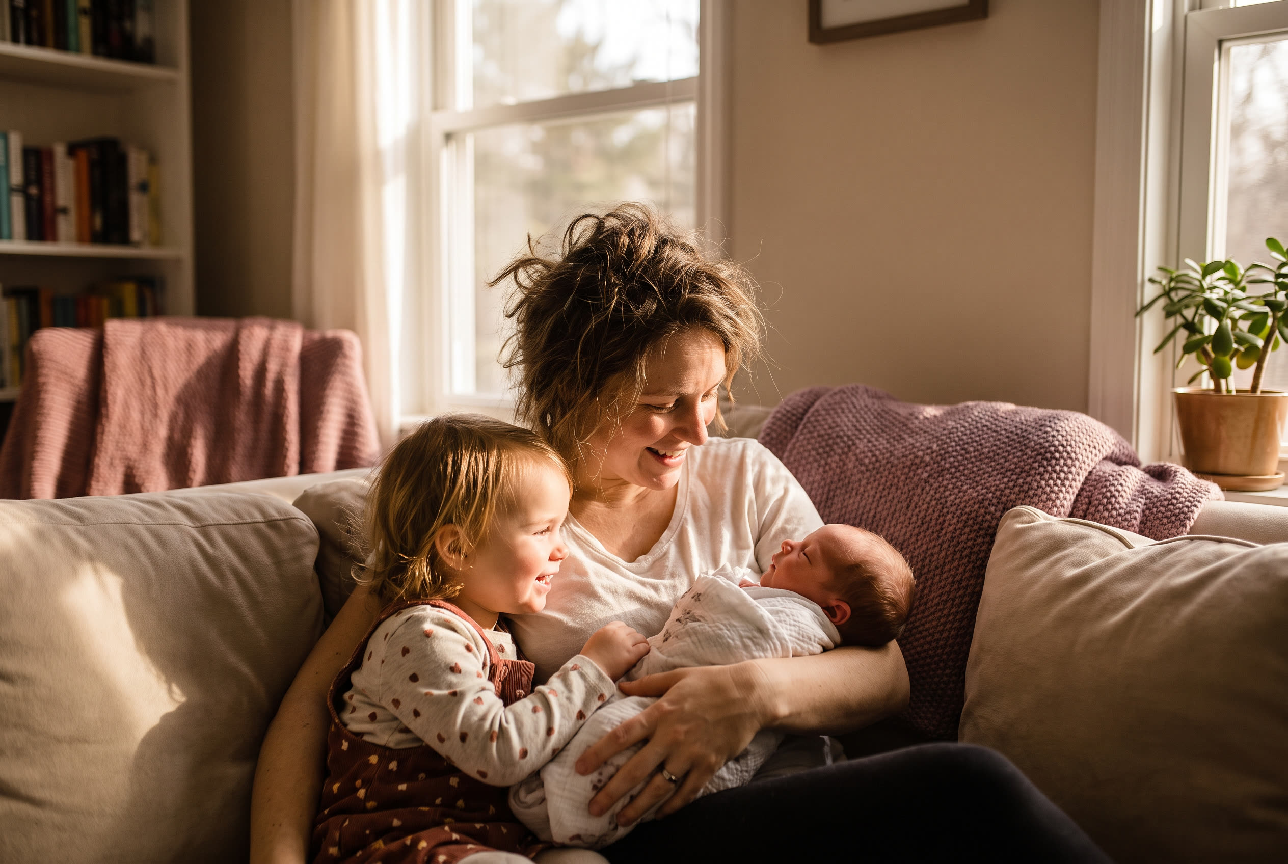 A person and their daughter sharing a joyful new baby moment at home