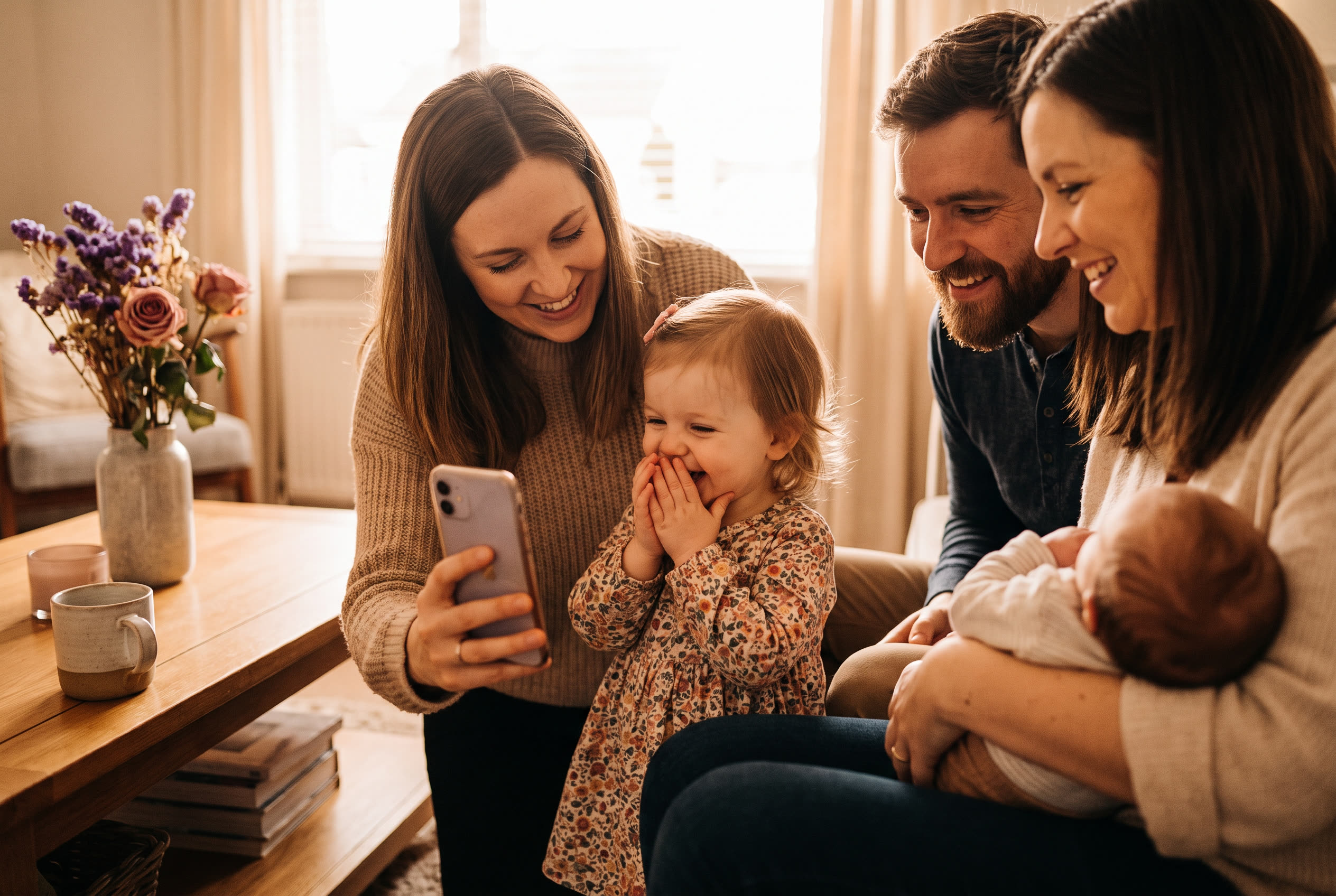 A family playing a song from a smartphone for their niece during a new baby celebration, everyone listening with delighted smiles
