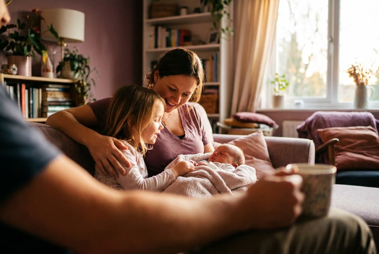 A person and their niece sharing a joyful new baby moment at home