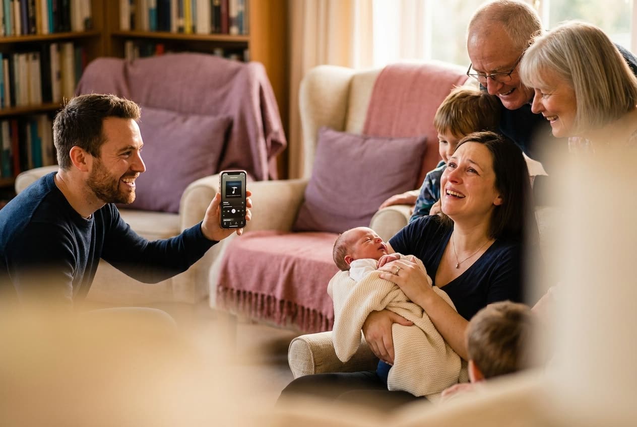 A family playing a song from a smartphone for their wife during a new baby celebration, everyone listening with delighted smiles