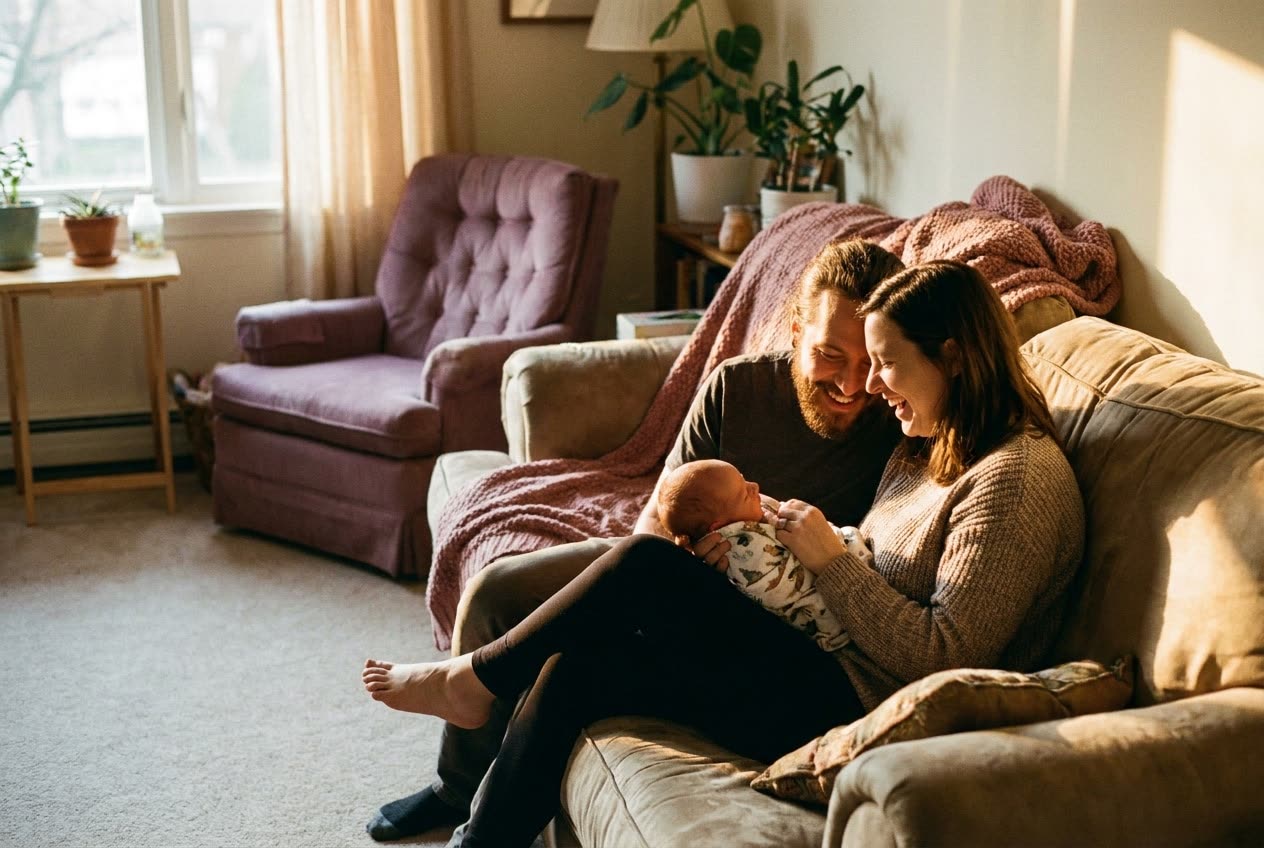 A person and their wife sharing a joyful new baby moment at home