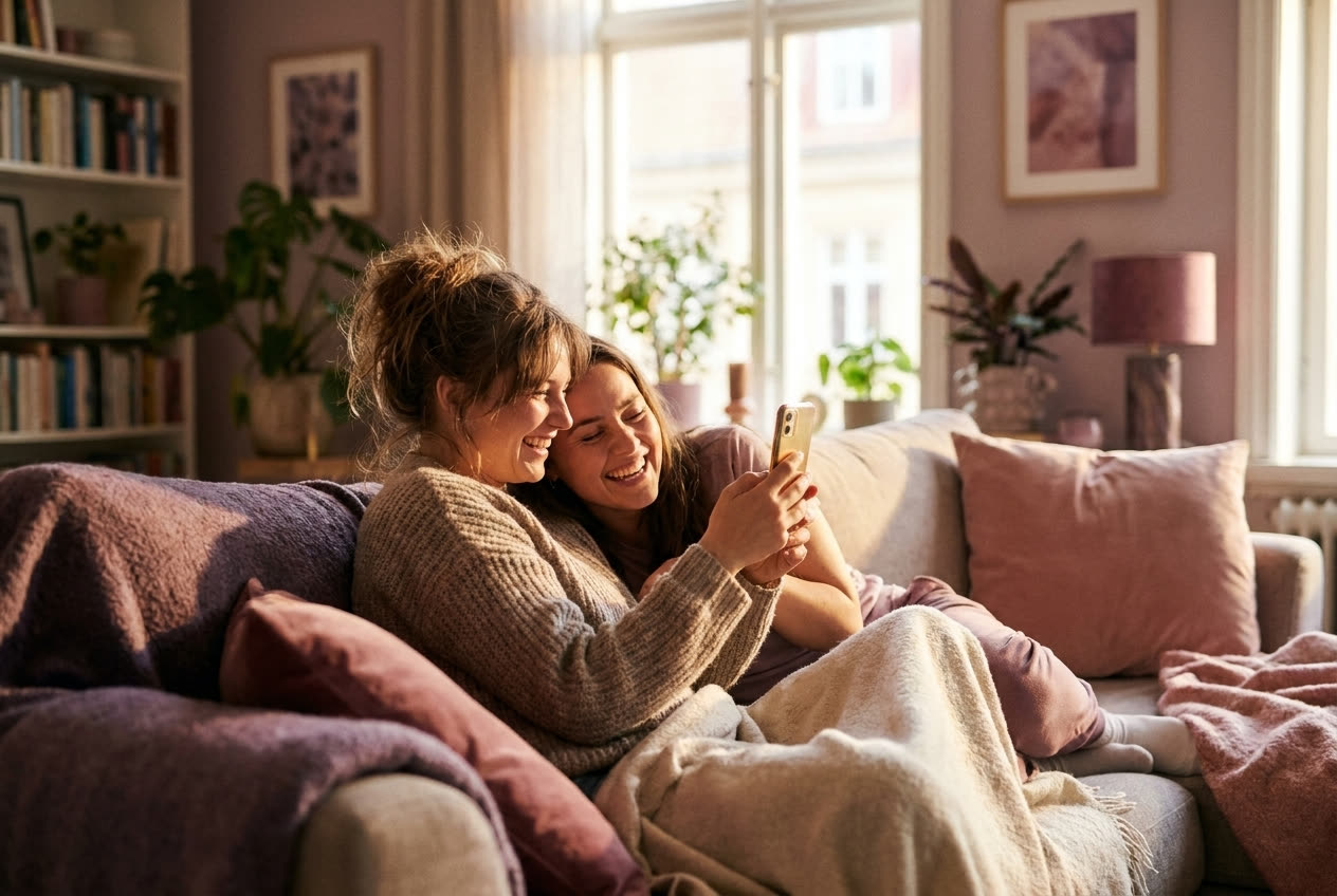 A person playing a song from a smartphone for their best friend, both smiling warmly, an ordinary day made special