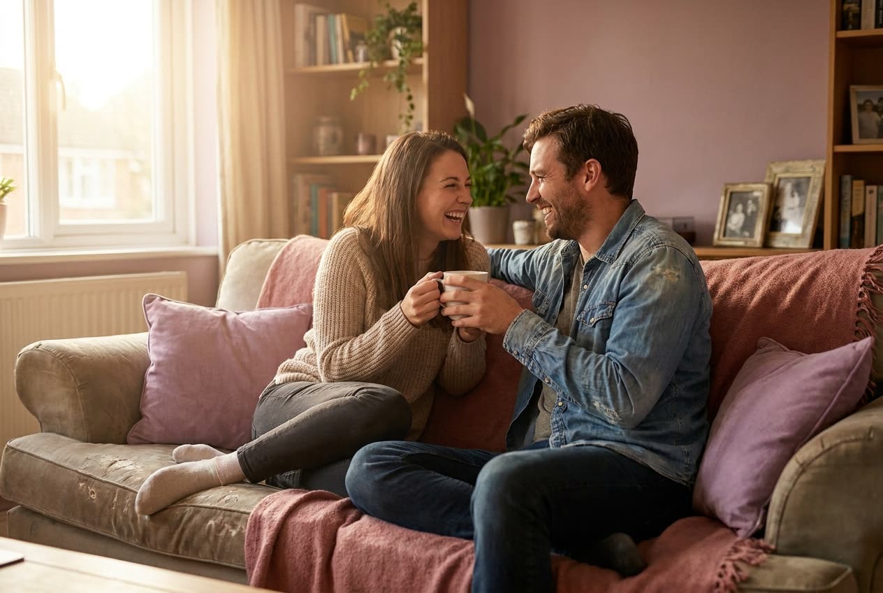 A person and their best friend sharing a warm everyday moment at home, genuine affection, no special occasion
