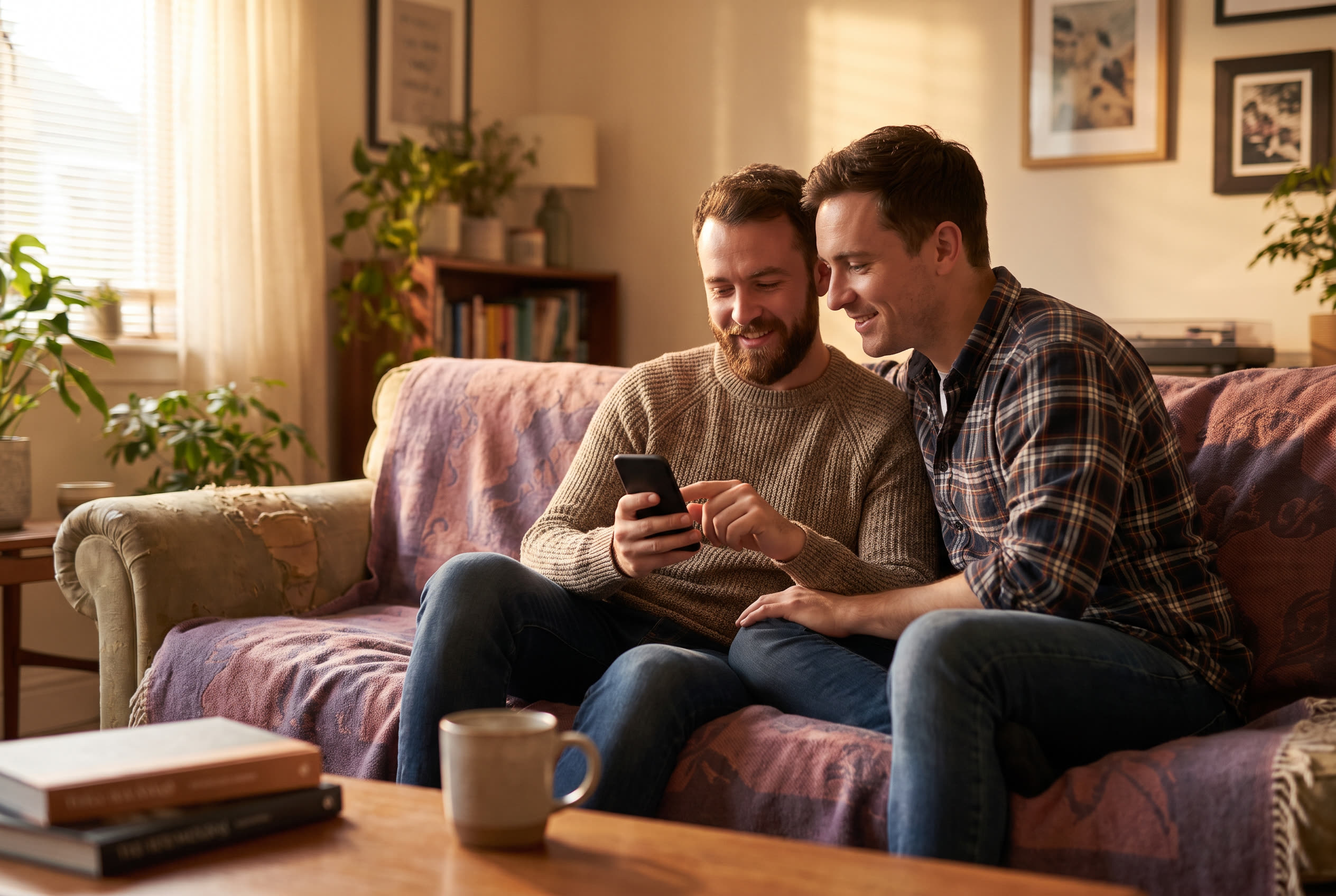 A person playing a song from a smartphone for their brother, both smiling warmly, an ordinary day made special