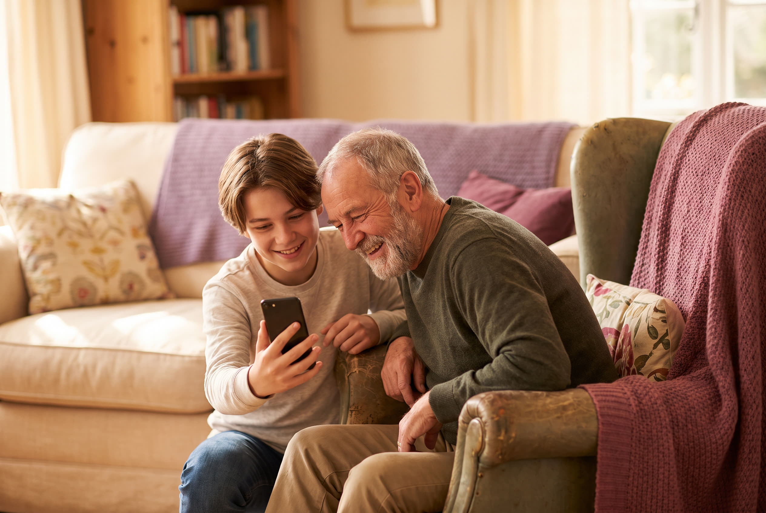 A person playing a song from a smartphone for their dad, both smiling warmly, an ordinary day made special