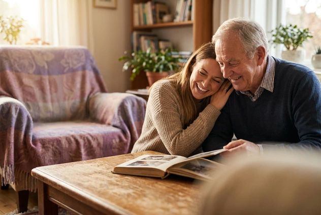A person and their dad sharing a warm everyday moment at home, genuine affection, no special occasion