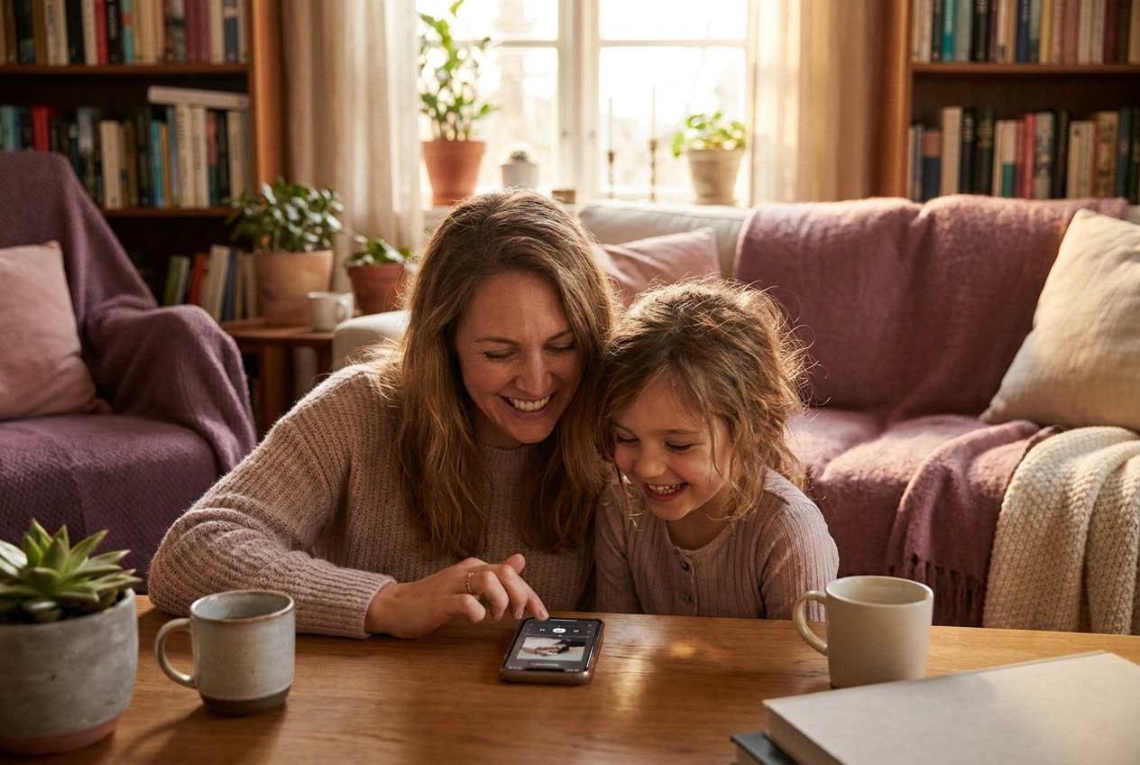 A person playing a song from a smartphone for their daughter, both smiling warmly, an ordinary day made special