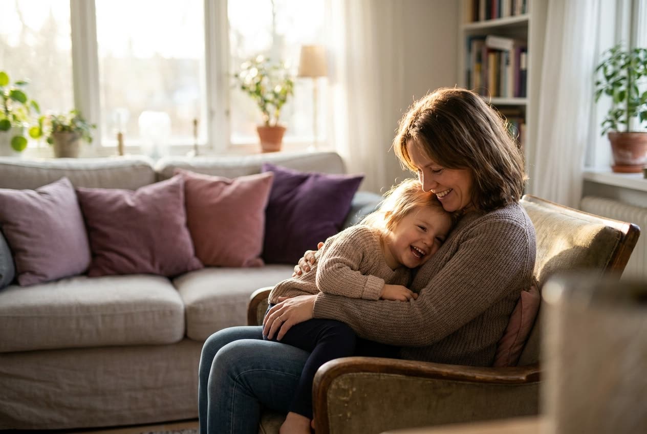 A person and their daughter sharing a warm everyday moment at home, genuine affection, no special occasion
