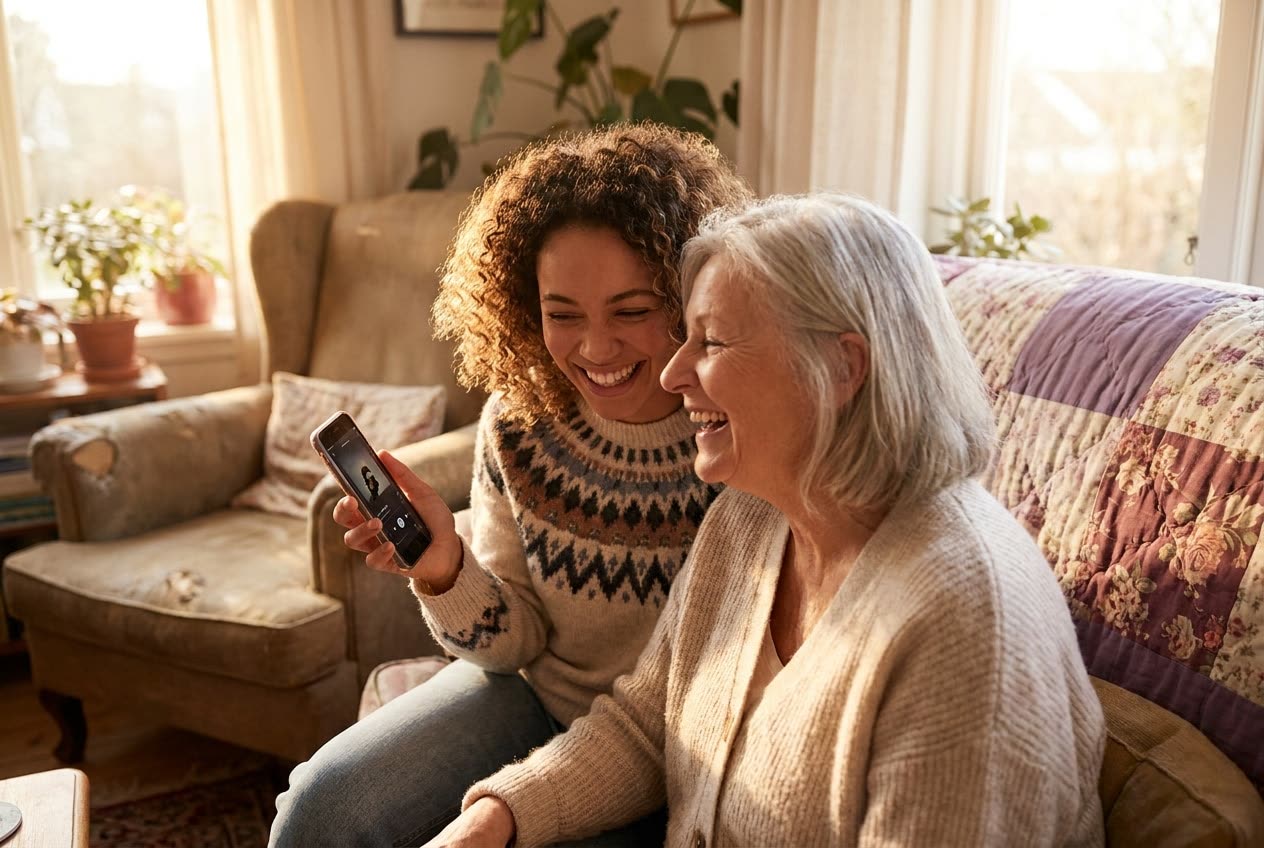 A person playing a song from a smartphone for their grandma, both smiling warmly, an ordinary day made special