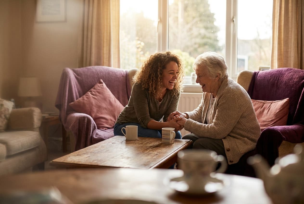 A person and their grandma sharing a warm everyday moment at home, genuine affection, no special occasion