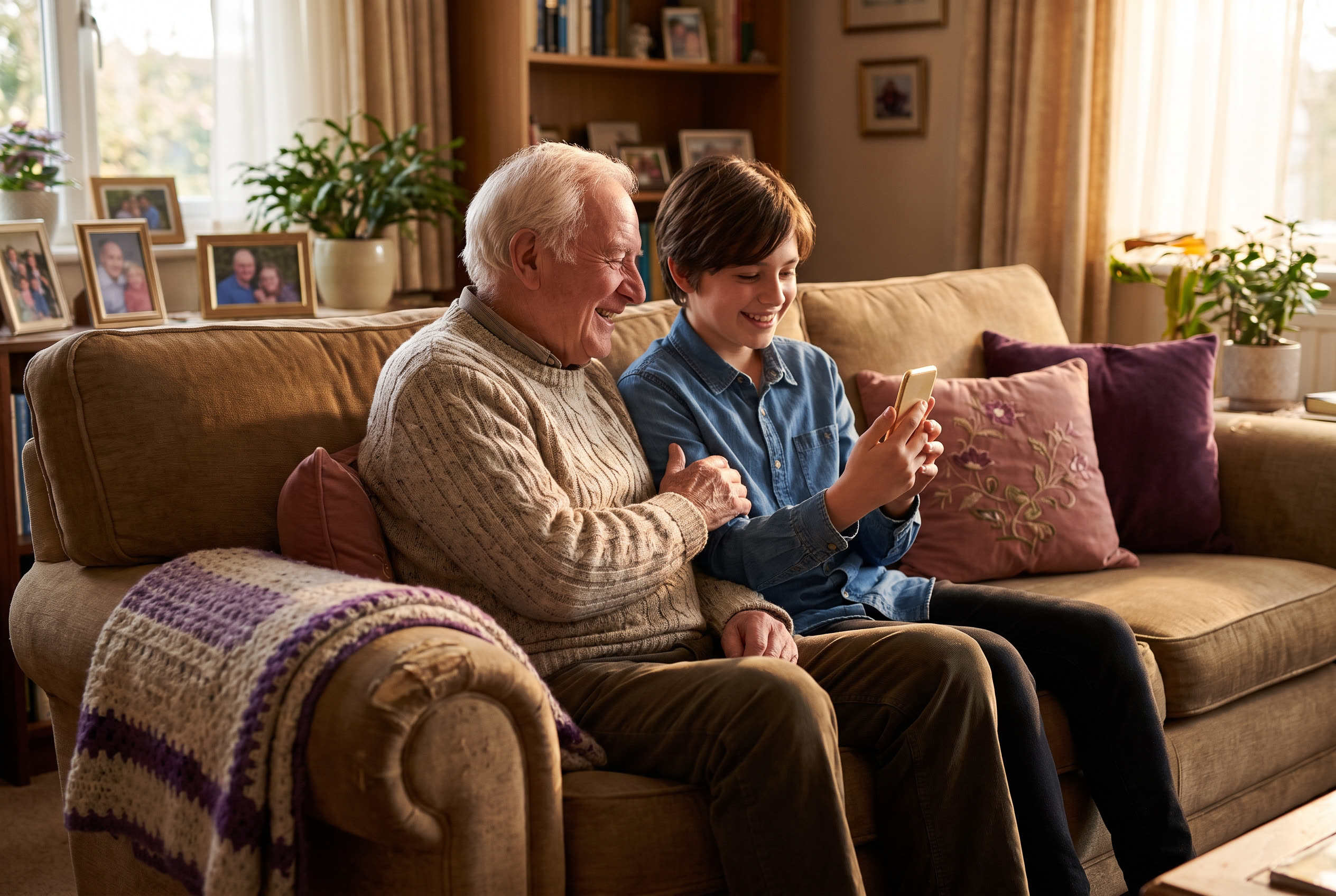 A person playing a song from a smartphone for their grandpa, both smiling warmly, an ordinary day made special