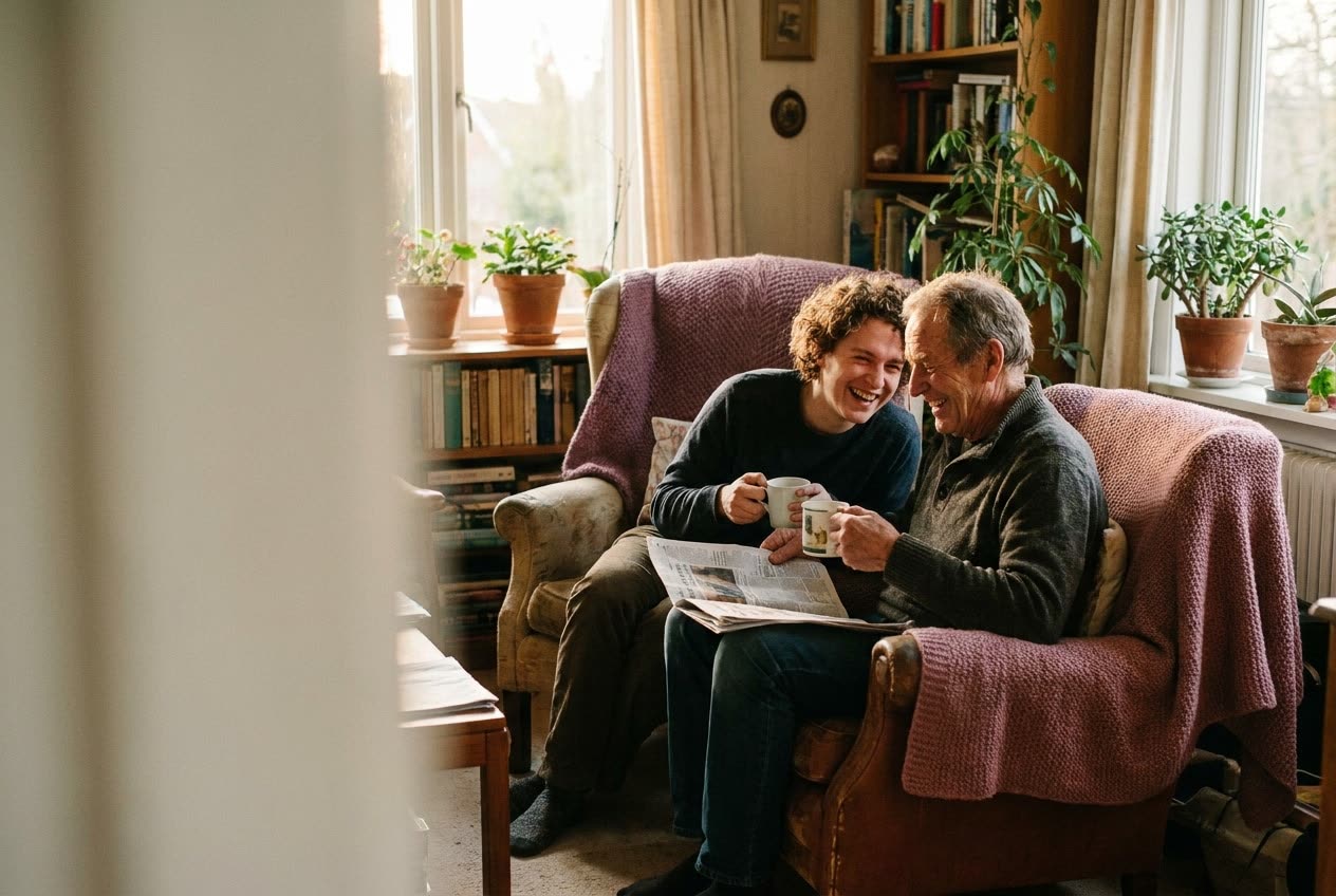 A person and their grandpa sharing a warm everyday moment at home, genuine affection, no special occasion