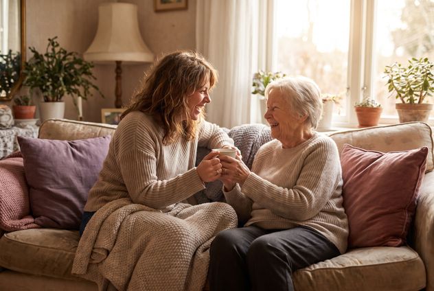 A person and their mom sharing a warm everyday moment at home, genuine affection, no special occasion