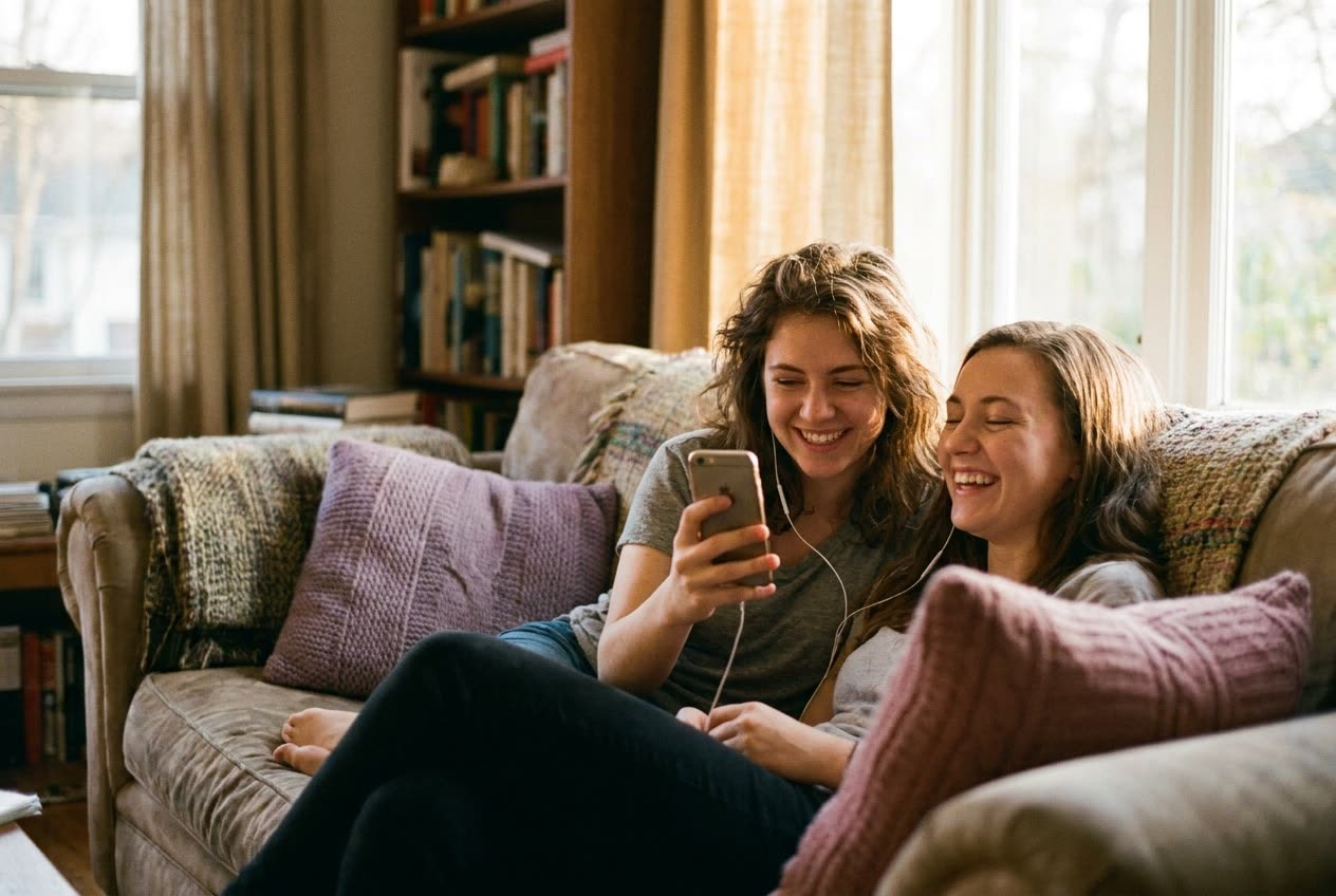 A person playing a song from a smartphone for their sister, both smiling warmly, an ordinary day made special