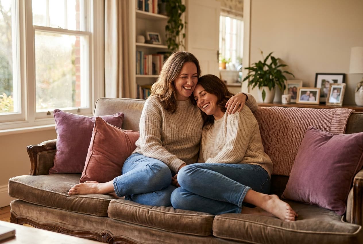 A person and their sister sharing a warm everyday moment at home, genuine affection, no special occasion