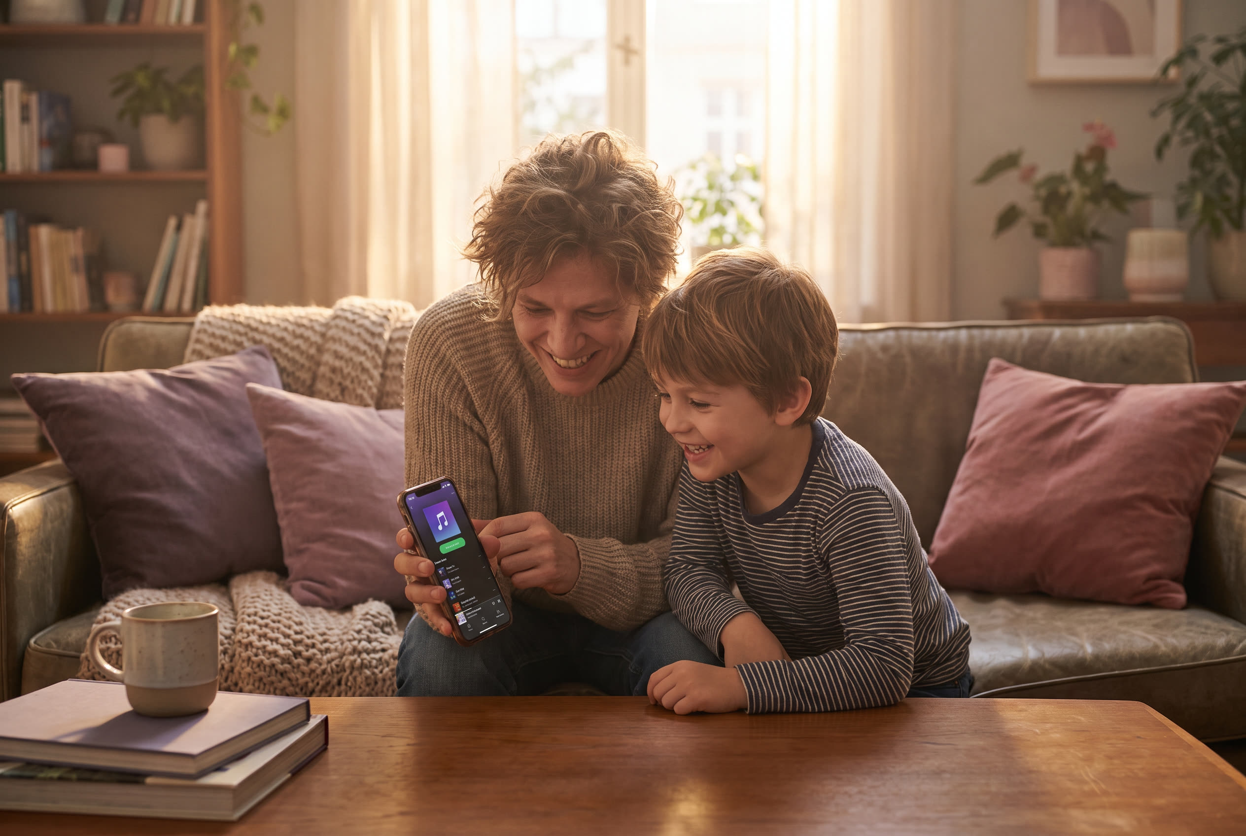 A person playing a song from a smartphone for their son, both smiling warmly, an ordinary day made special