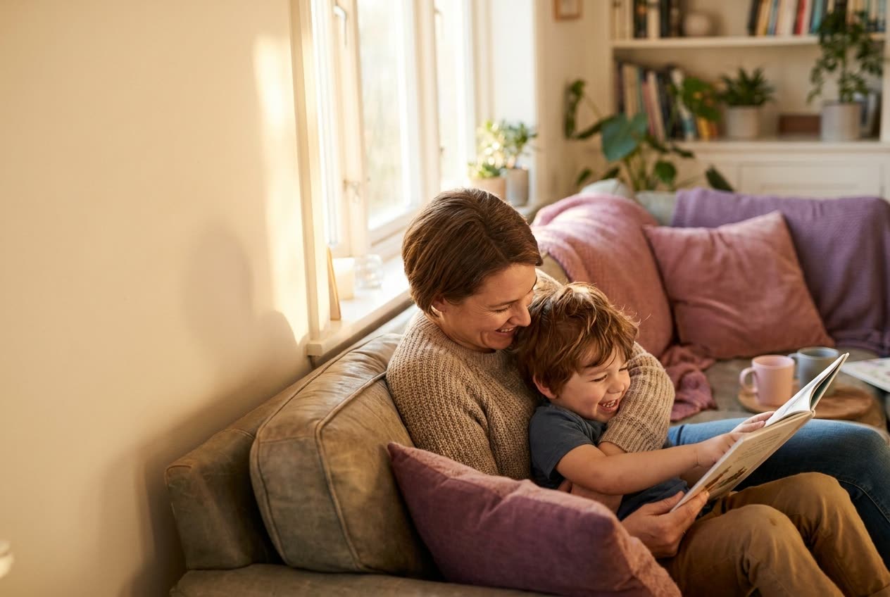 A person and their son sharing a warm everyday moment at home, genuine affection, no special occasion