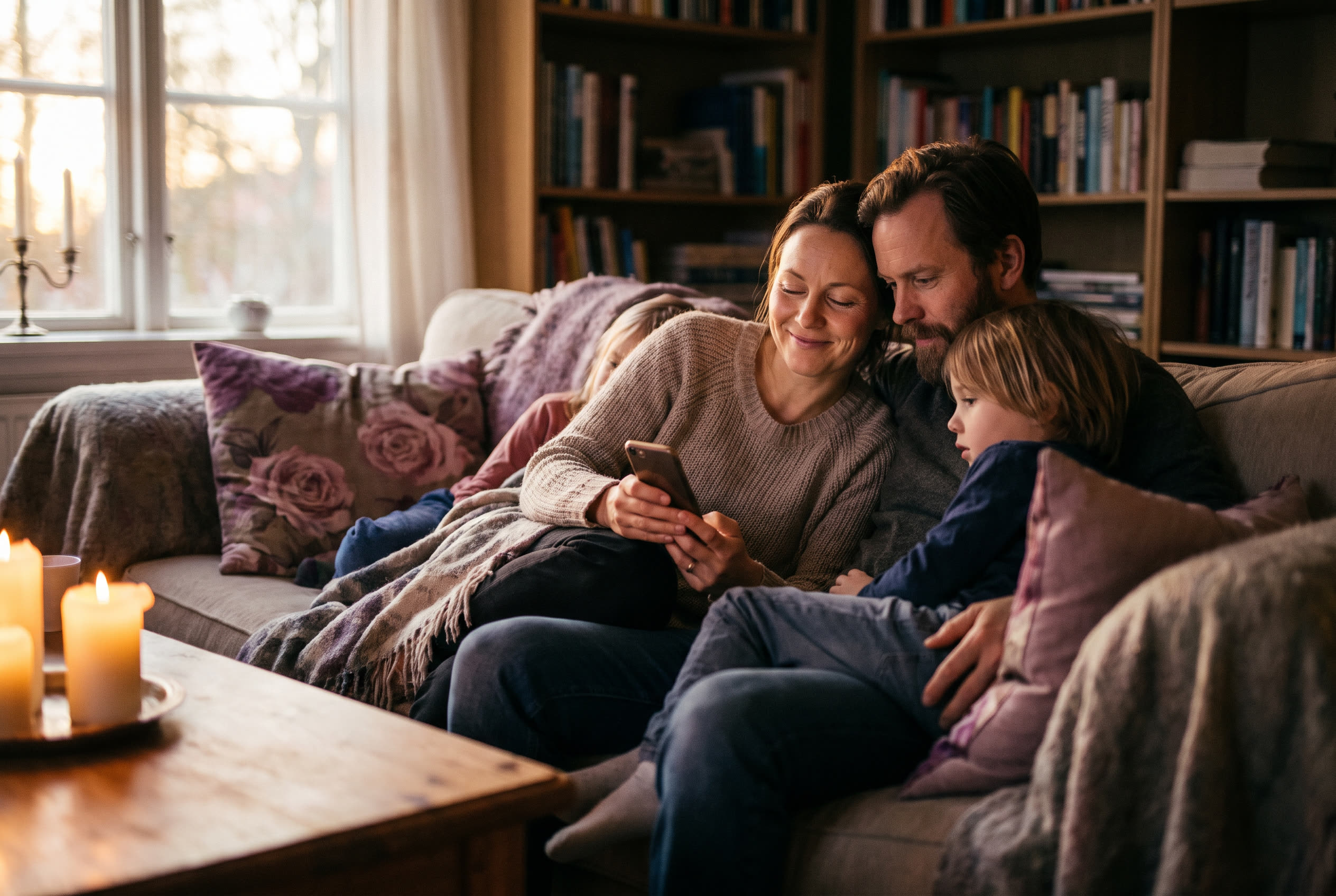 A family listening to a peaceful worship song from a smartphone with their wife, calm and moved, warm candlelight