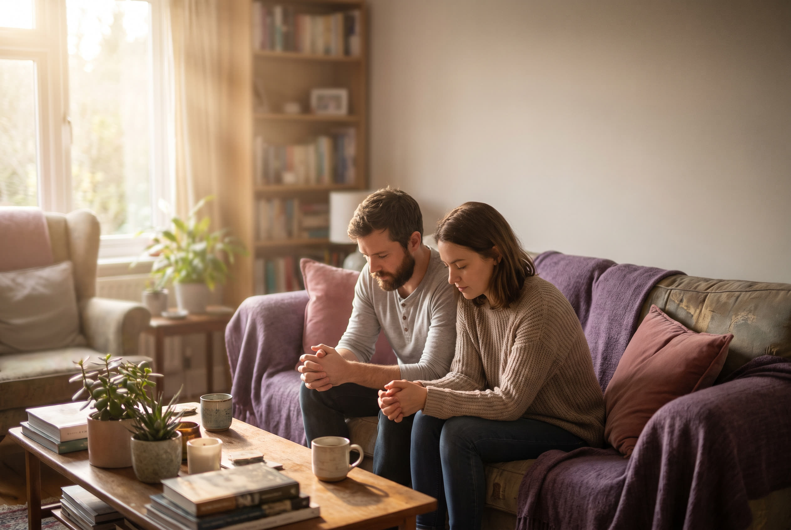A person and their wife sitting together in quiet prayer at home, hands gently folded, soft morning light through a window