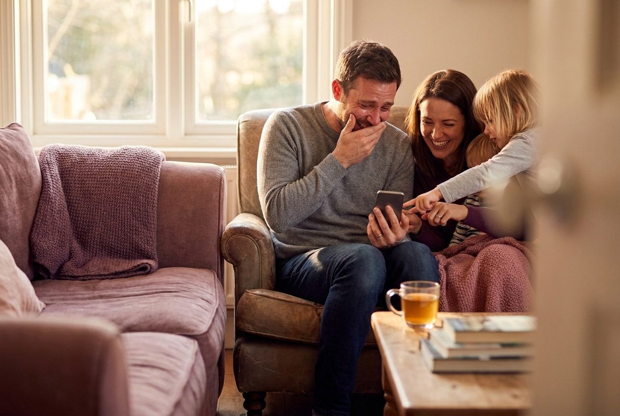 A family gathered around a smartphone playing a song, their husband reacting to the pregnancy news with delighted surprise