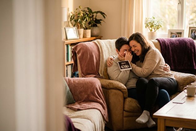 A couple joyfully announcing a pregnancy to their husband at home, happy tears and hugs