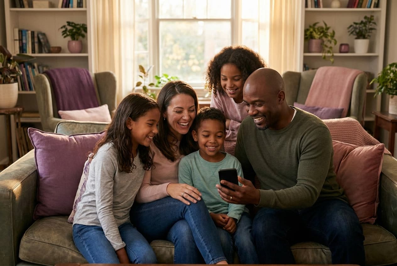 A family playing a song from a smartphone for their girlfriend during a proposal / engagement celebration, everyone listening with delighted smiles