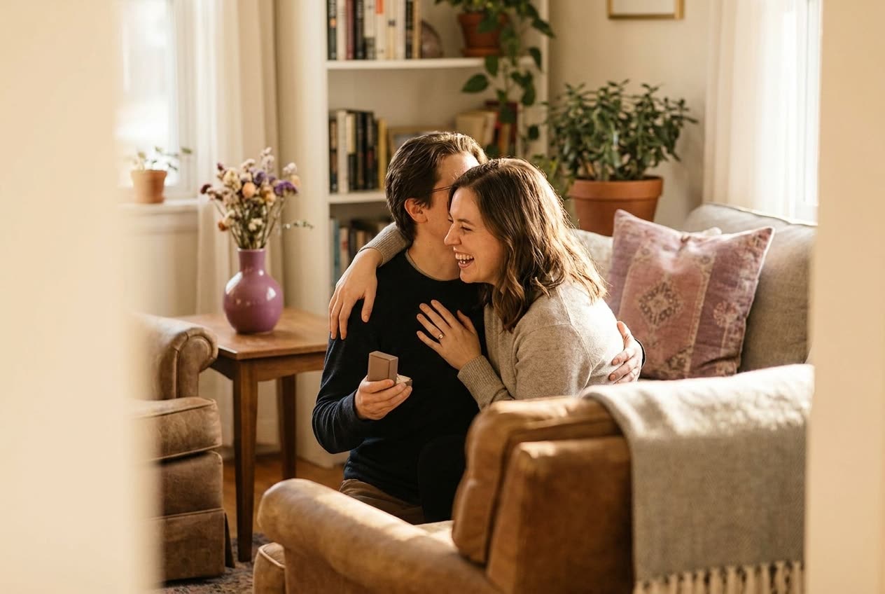 A person and their girlfriend sharing a joyful proposal / engagement moment at home