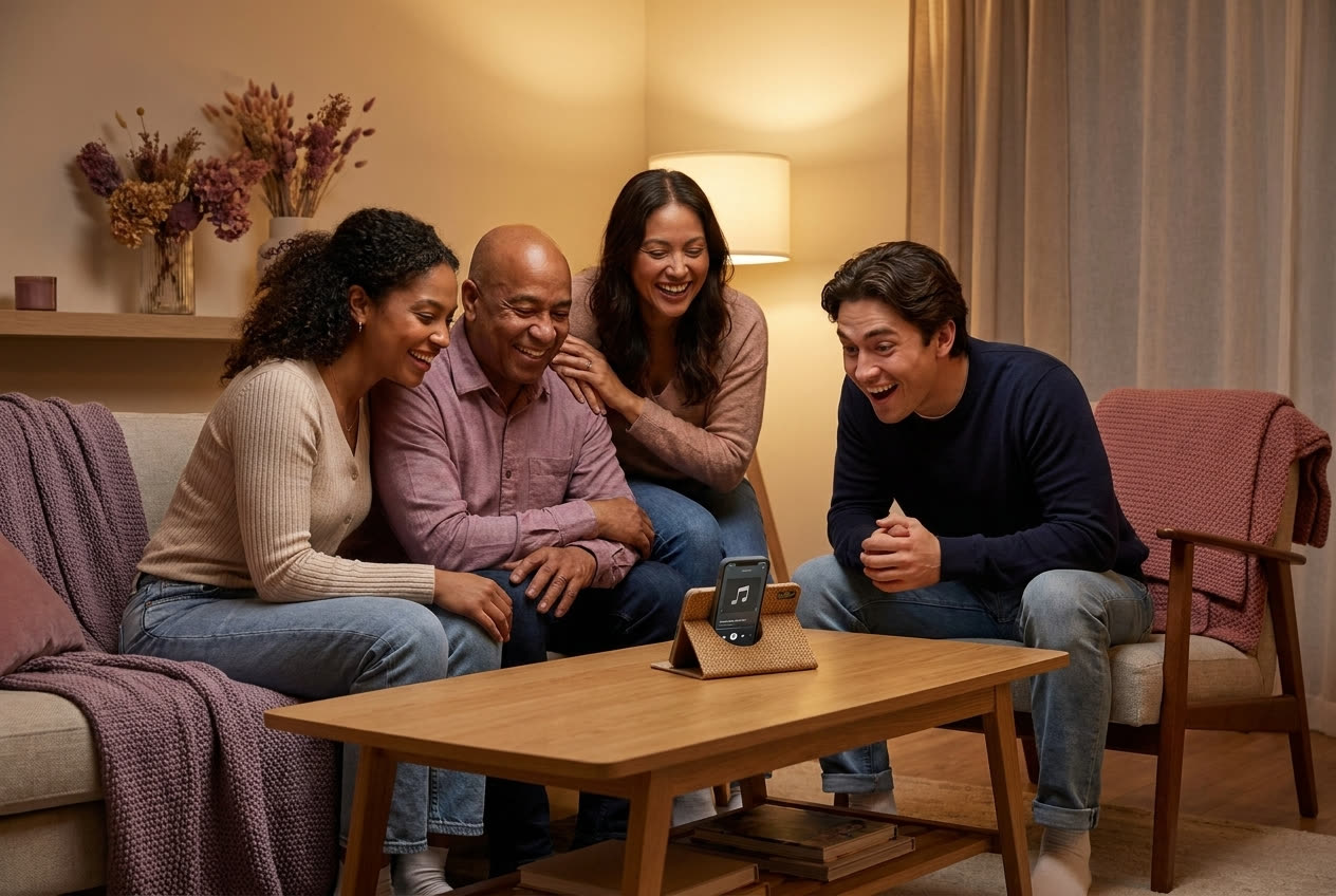 A family playing a song from a smartphone for their boyfriend during a valentine's day celebration, everyone listening with delighted smiles